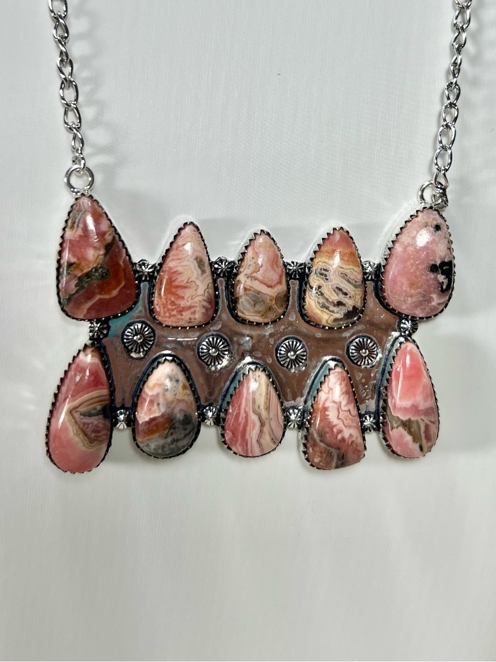 Rhodochrosite 925 Rectangle Vintage Style Gemstone Necklace